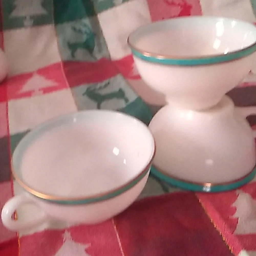 3 TURQUOISE/GOLD Rim Vintage PYREX COFFEE ☕ TEA CUPS Elegant EPLVC